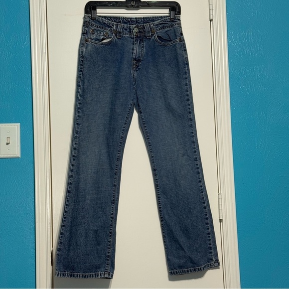 Lucky Brand Dungarees Rancher Flare Wide Leg Blue Jeans Vintage Y2K 25 Short EUC - Picture 12 of 15